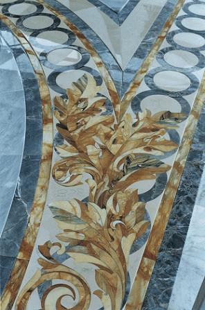 Marble floor with design. Marble cut to size with water jet machine